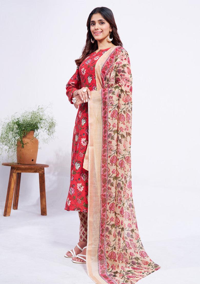 Red Printed Cotton Kurta Set