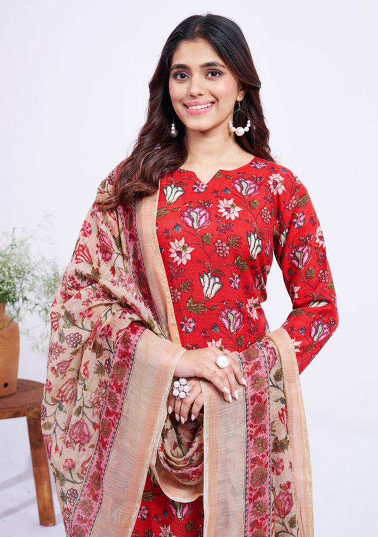Red Printed Cotton Kurta Set