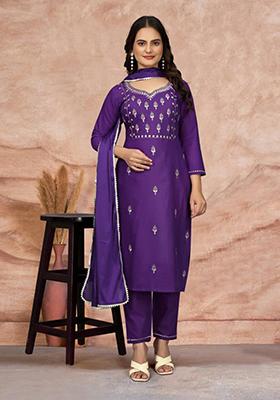 Purple Embroidered Cotton Kurta Set