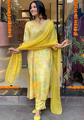Yellow Embroidered Viscose Kurta Set