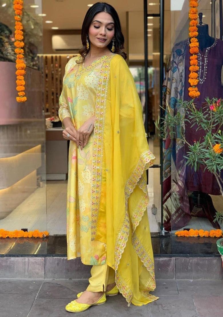 Yellow Embroidered Viscose Kurta Set