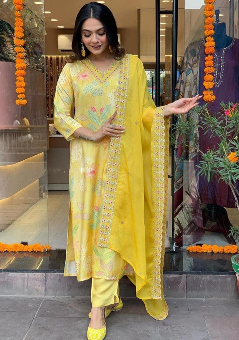 Yellow Embroidered Viscose Kurta Set