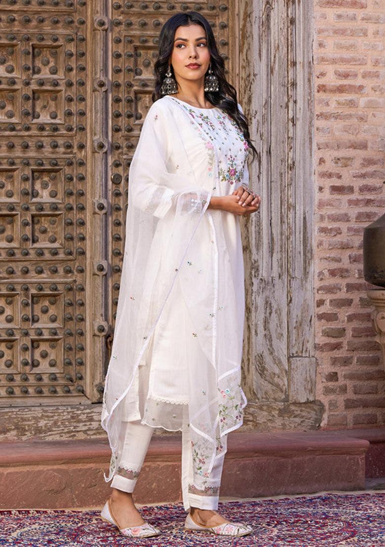 White Embroidered Viscose Kurta Set