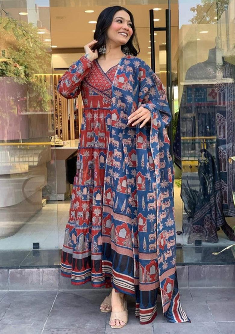 Red Embroidered Cotton Kurta Set