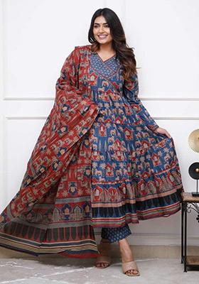 Blue Embroidered Cotton Kurta Set