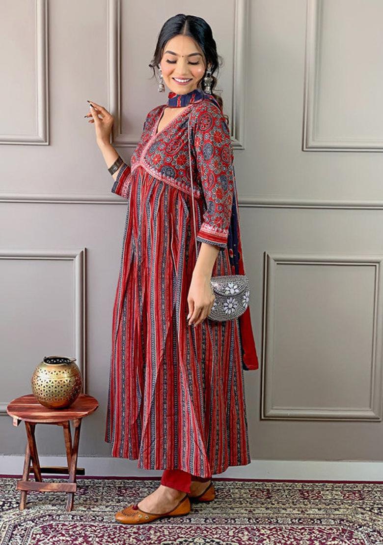 Maroon Embroidered Cotton Kurta Set