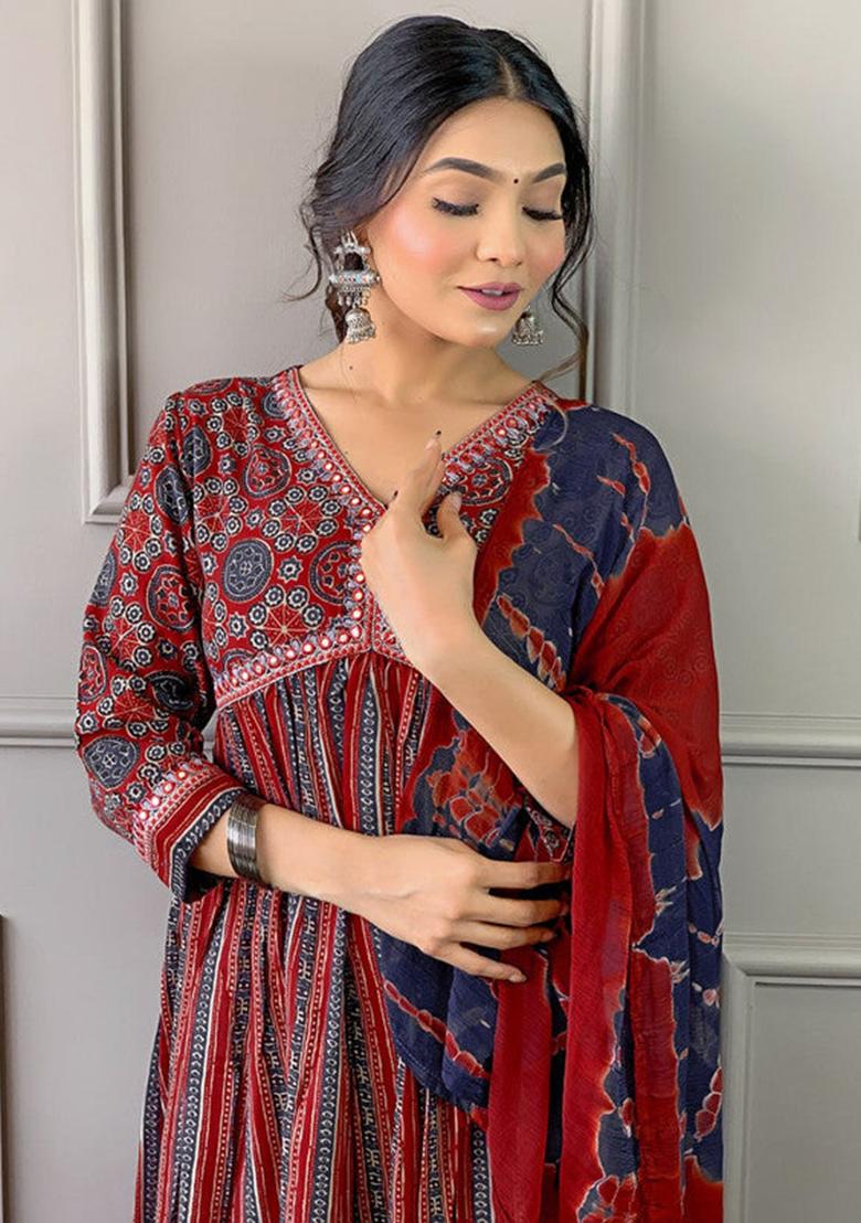 Maroon Embroidered Cotton Kurta Set