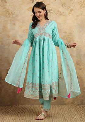 Sky Blue Embroidered Rayon Kurta Set