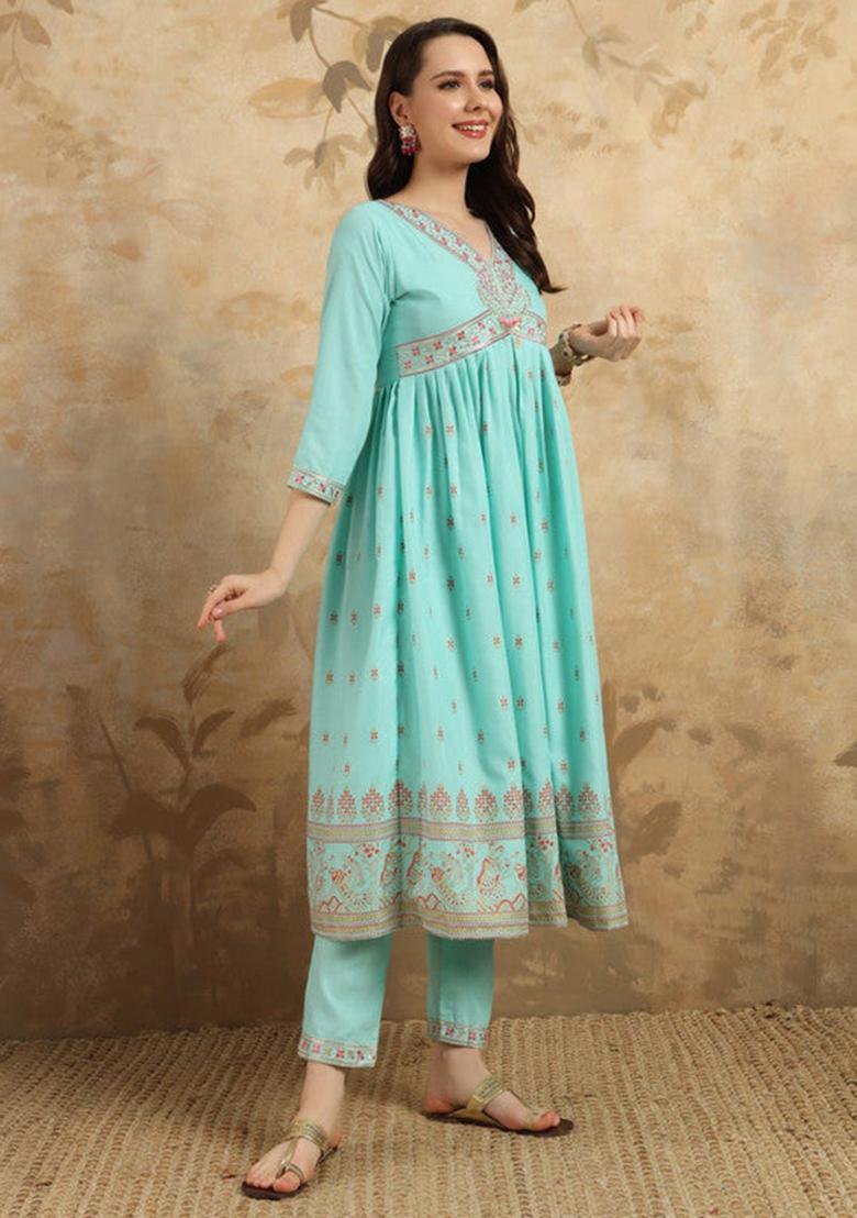 Sky Blue Embroidered Rayon Kurta Set