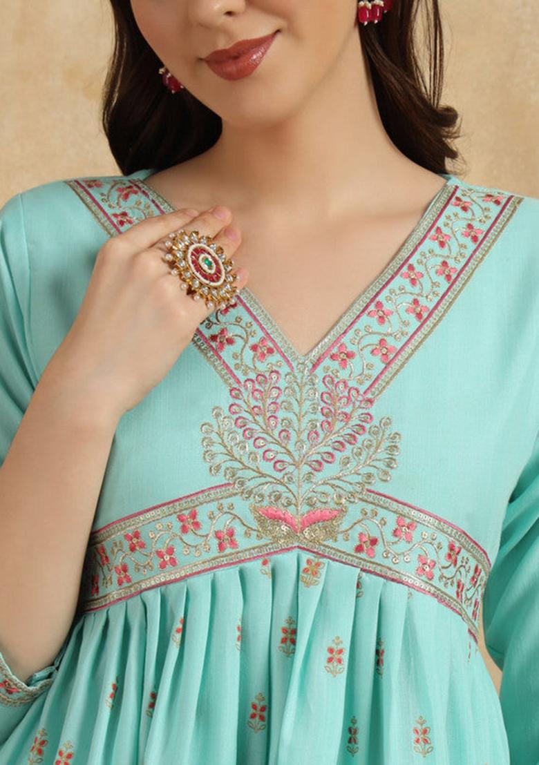 Sky Blue Embroidered Rayon Kurta Set
