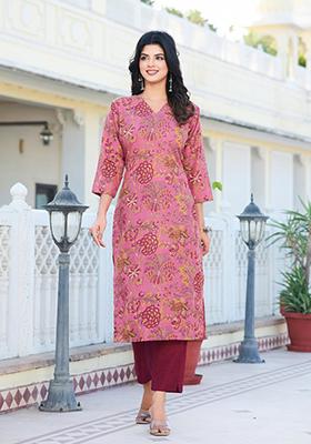 Pink Printed Cotton Kurta Set