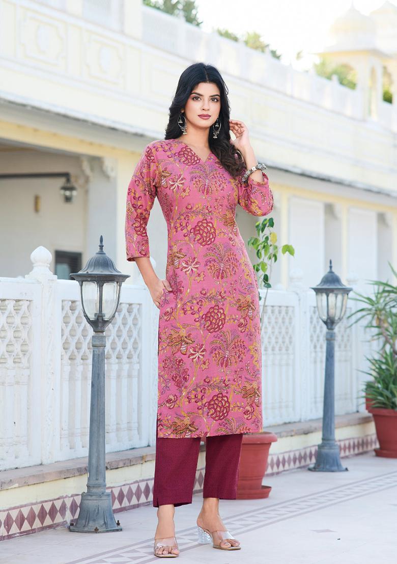 Pink Printed Cotton Kurta Set