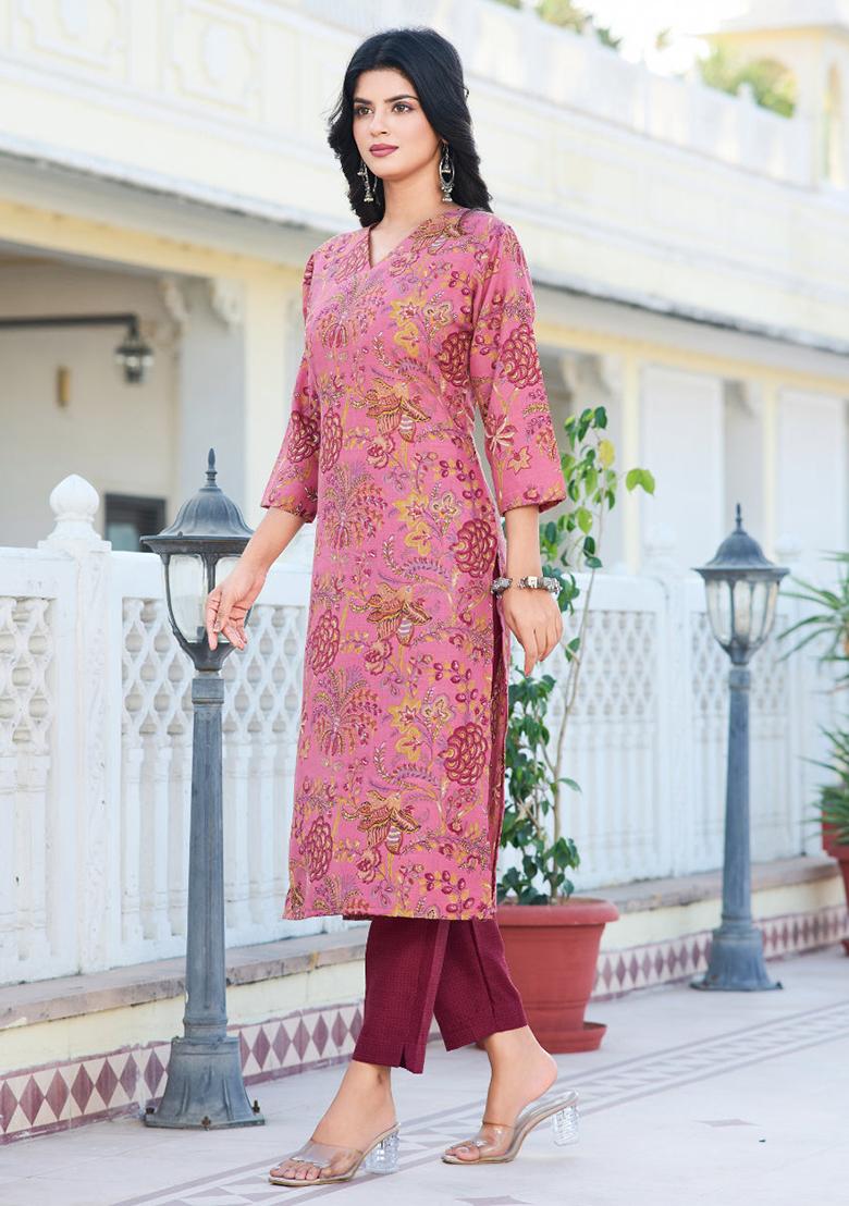 Pink Printed Cotton Kurta Set