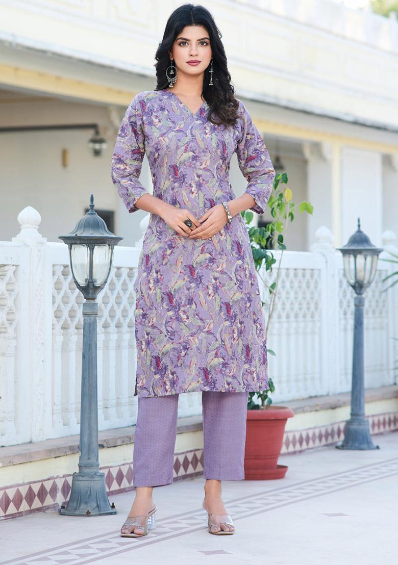 Purple Printed Cotton Kurta Set