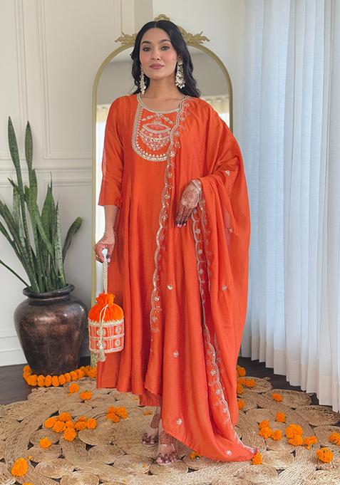Orange Embroidered Vichitra Kurta Set