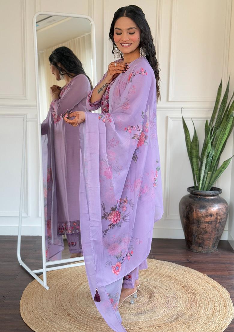Lavender Embroidered Viscose Kurta Set