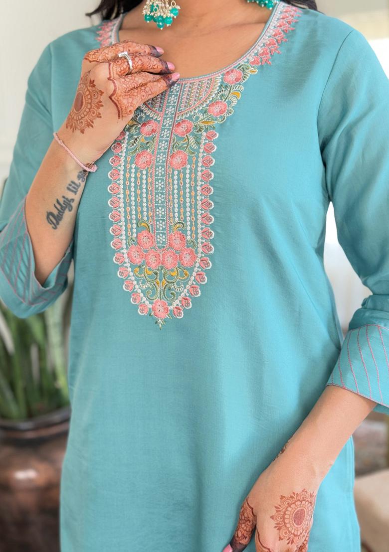 Sky Blue Embroidered Chanderi Kurta Set
