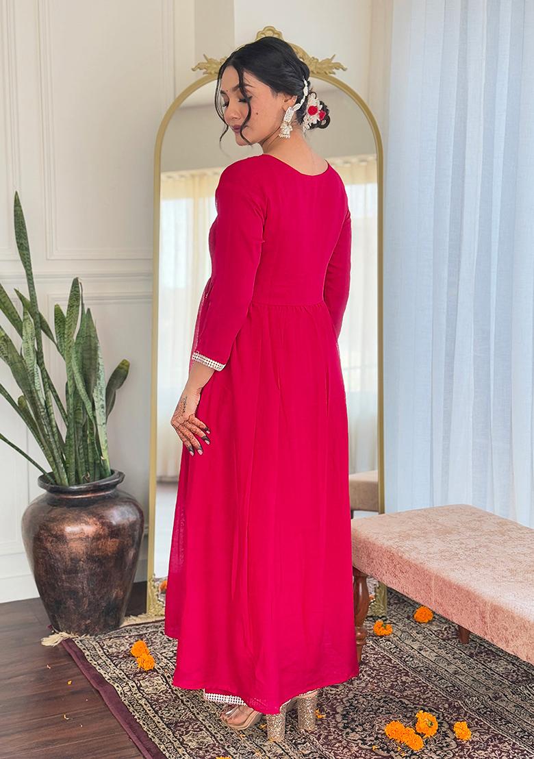 Red Embroidered Vichitra Kurta Set