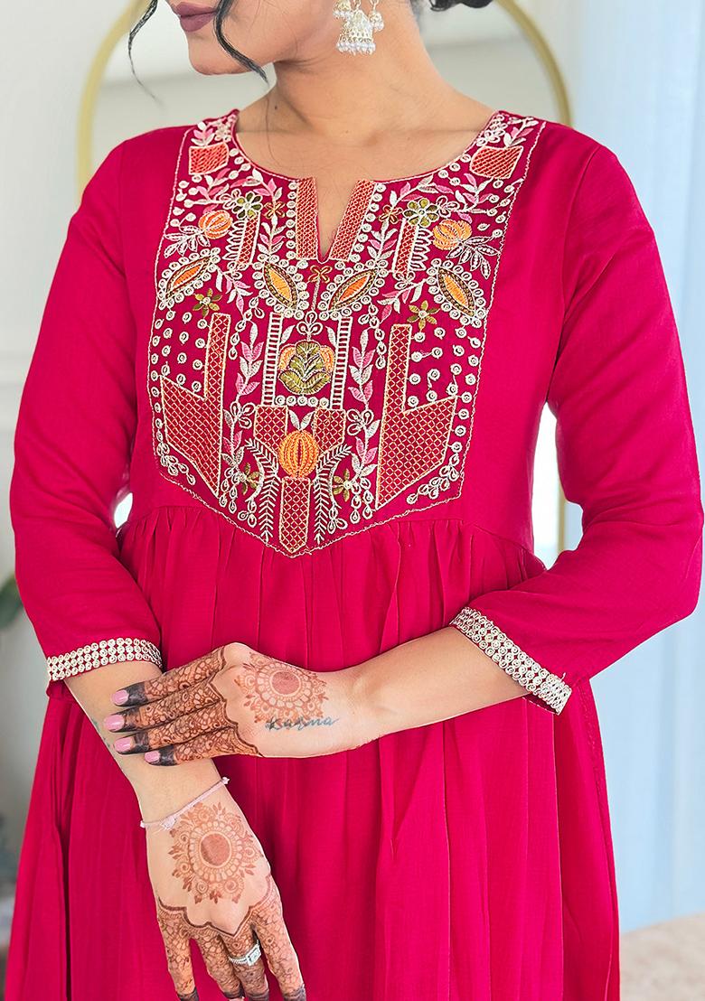 Red Embroidered Vichitra Kurta Set