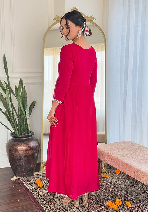 Red Embroidered Vichitra Kurta Set