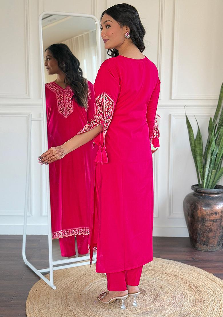 Rani Pink Embroidered Viscose Kurta Set