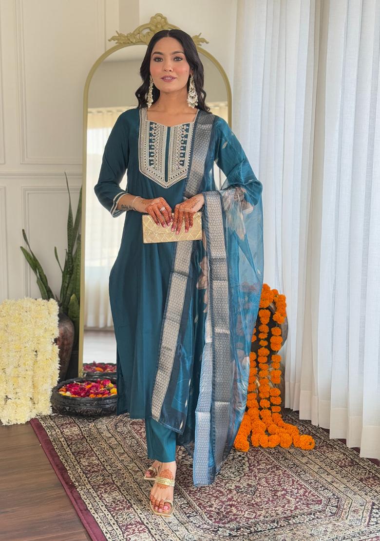 Teal Embroidered Viscose Kurta Set