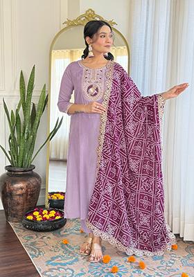 Lavender Embroidered Viscose Kurta Set