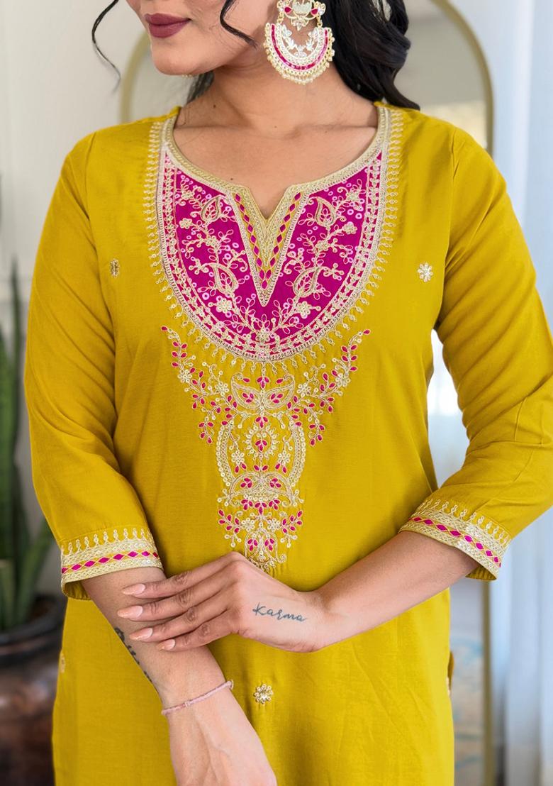 Yellow Embroidered Viscose Kurta Set