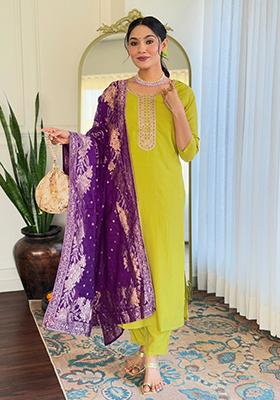 Green Embroidered Viscose Kurta Set