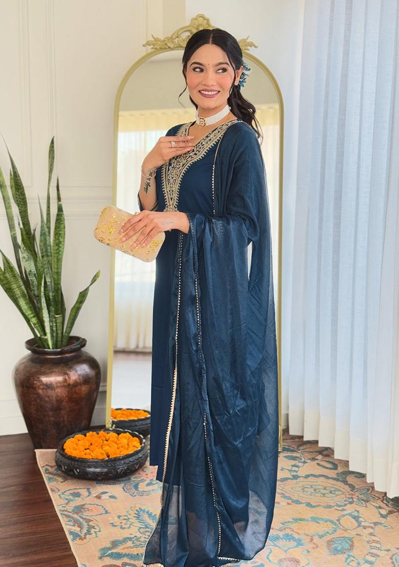 Blue Embroidered Rayon Kurta Set