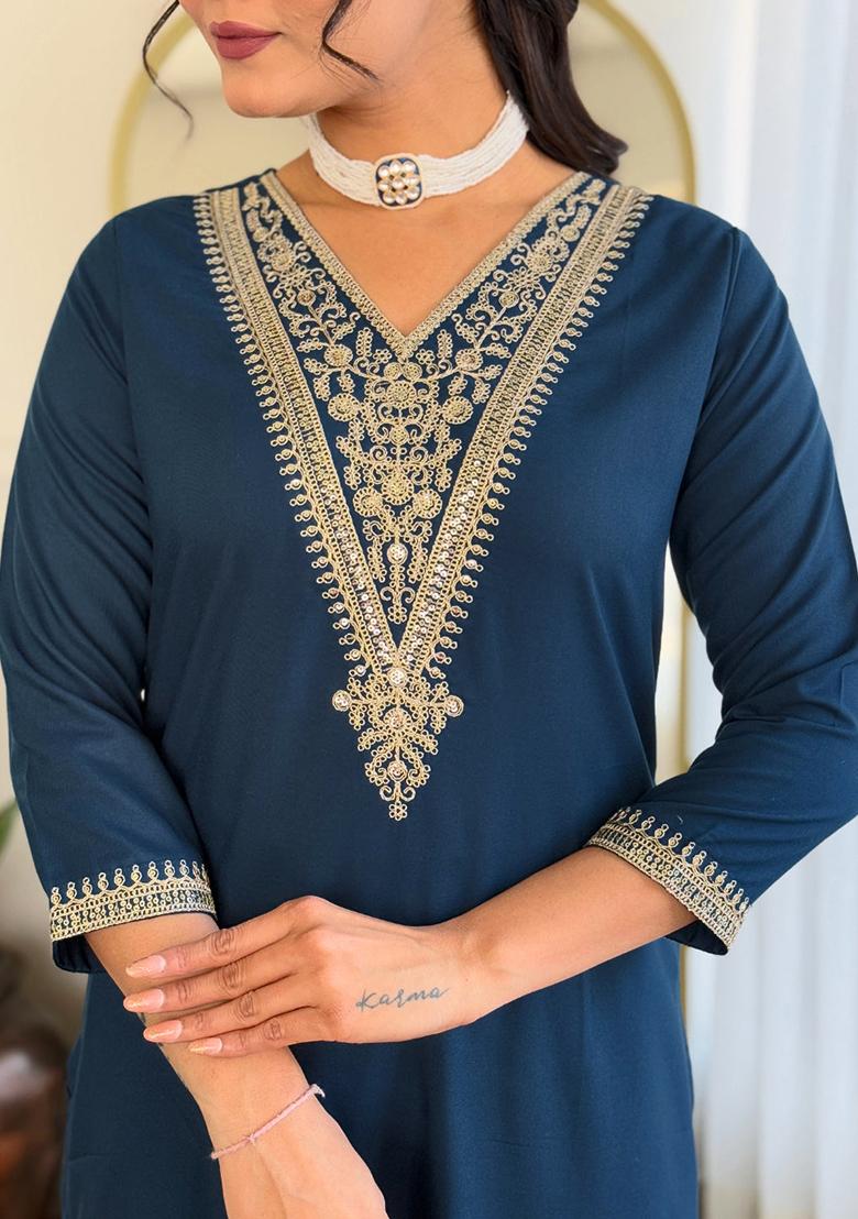Blue Embroidered Rayon Kurta Set