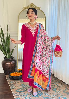 Red Embroidered Rayon Kurta Set