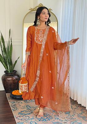 Orange Embroidered Vichitra Kurta Set