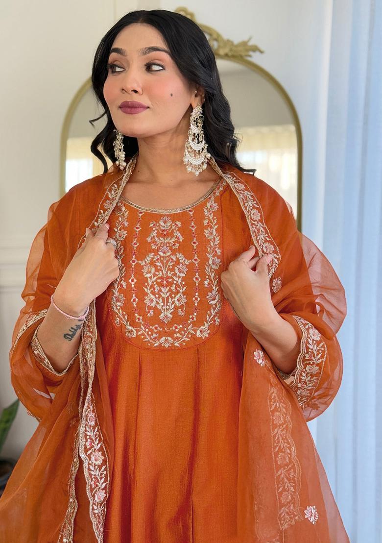 Orange Embroidered Vichitra Kurta Set