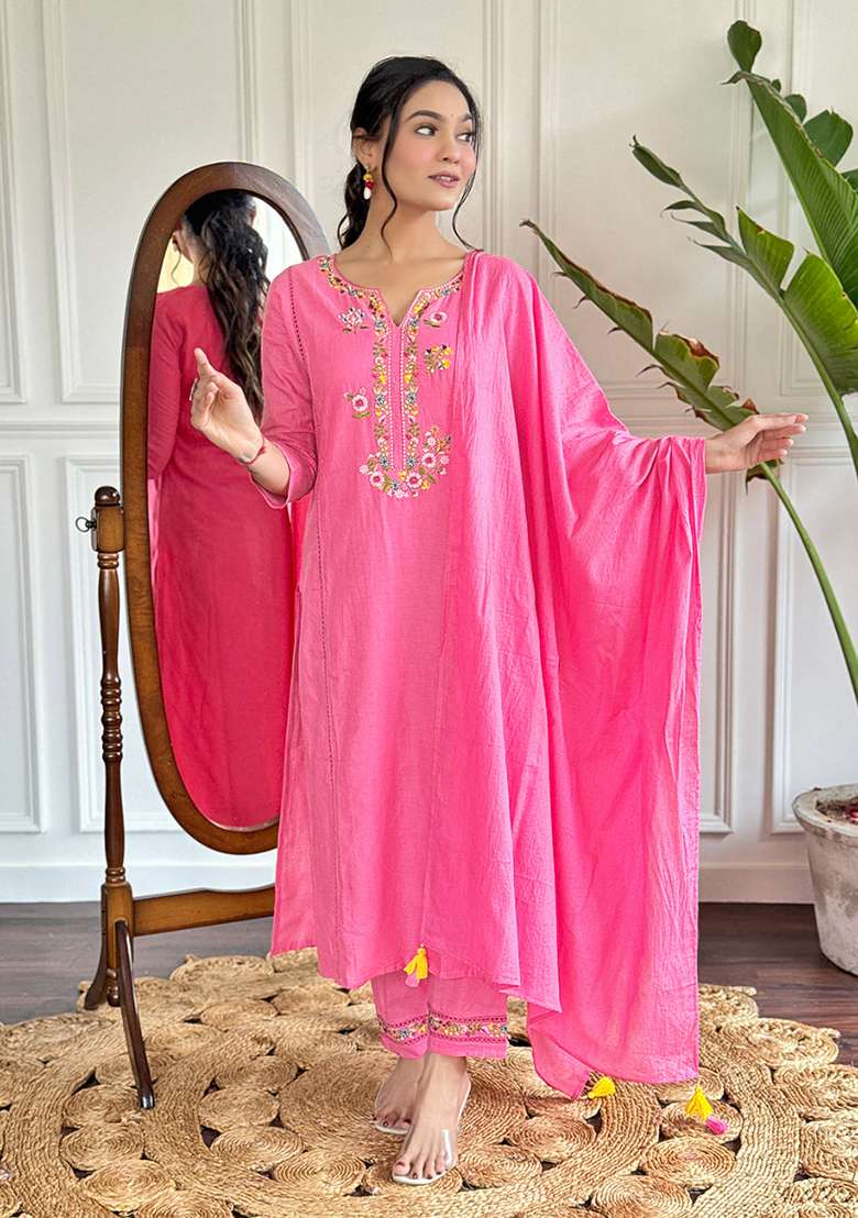 Pink Embroidered Viscose Kurta Set - Indya