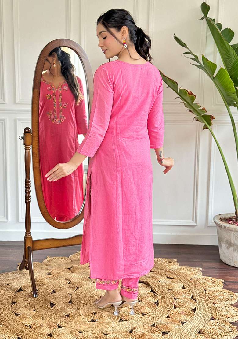 Pink Embroidered Viscose Kurta Set - Indya