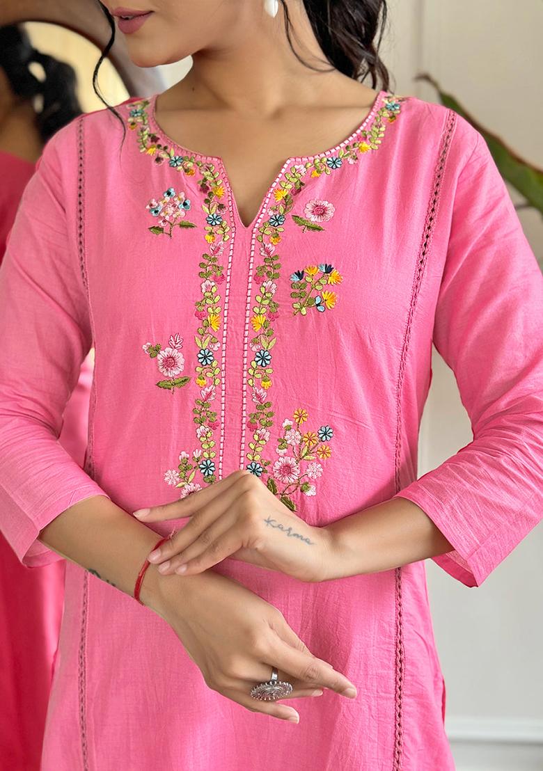 Pink Embroidered Viscose Kurta Set