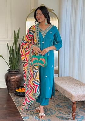 Rama Blue Embroidered Viscose Kurta Set