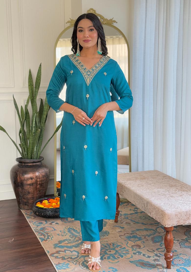 Rama Blue Embroidered Viscose Kurta Set