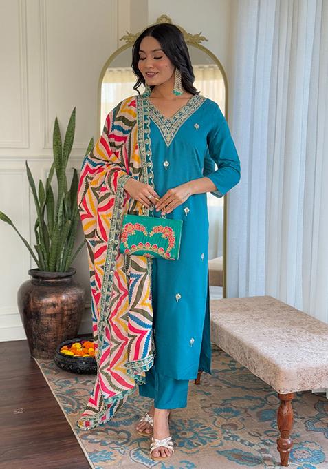 Rama Blue Embroidered Viscose Kurta Set