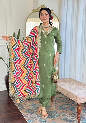 Pista Green Embroidered Viscose Kurta Set