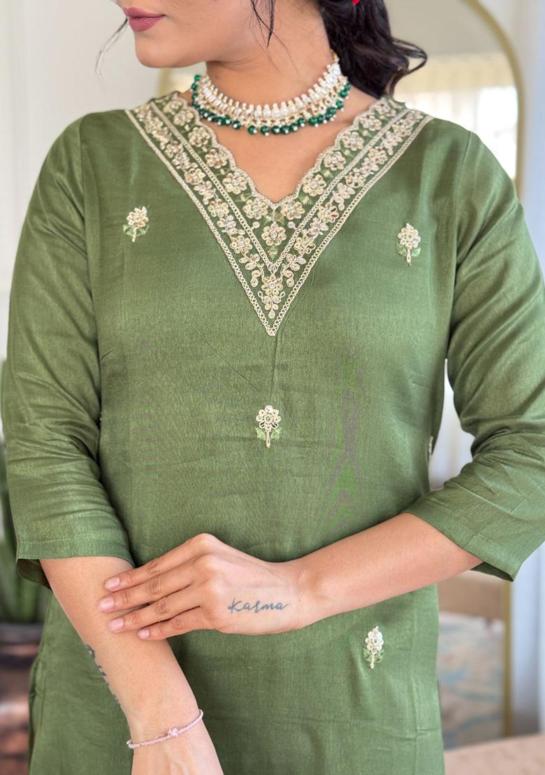 Pista Green Embroidered Viscose Kurta Set