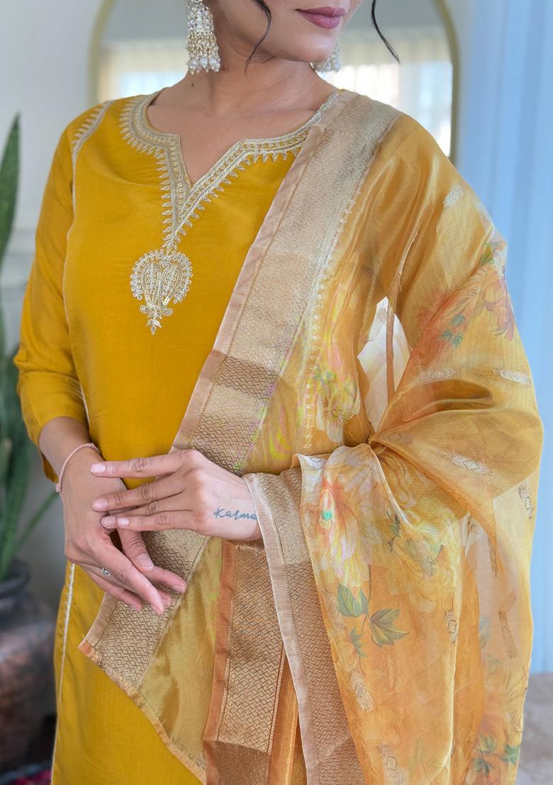 Yellow Embroidered Chanderi Kurta Set