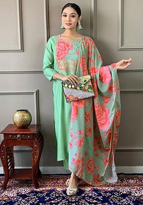 Green Embroidered Chanderi Kurta Set