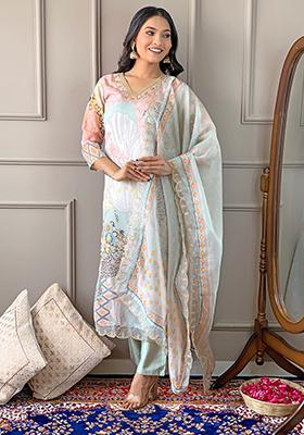 Pista Green Embroidered Organza Kurta Set