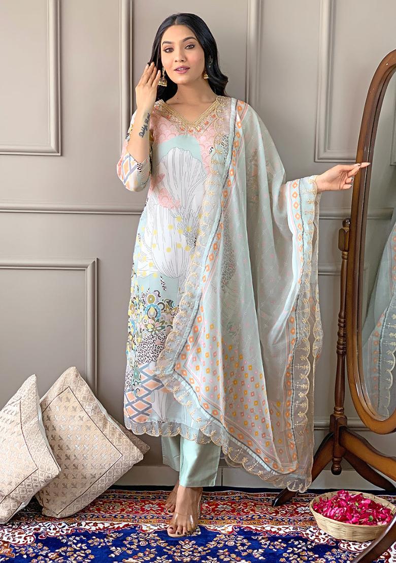 Pista Green Embroidered Organza Kurta Set