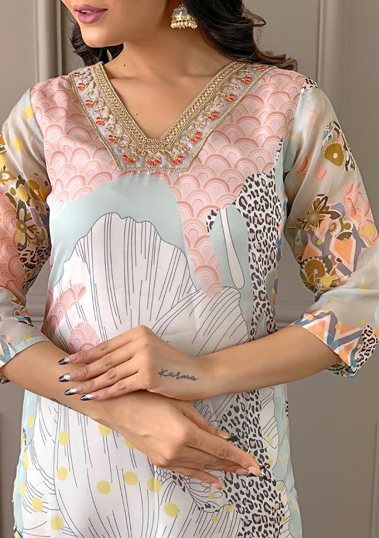 Pista Green Embroidered Organza Kurta Set