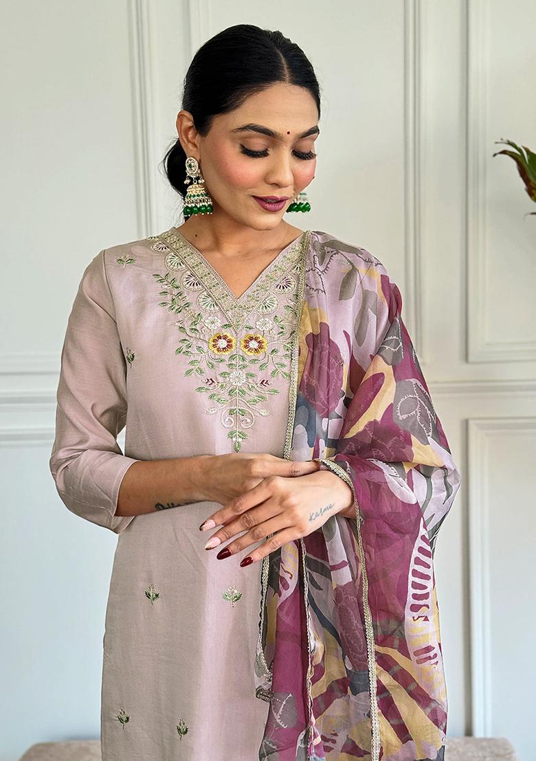 Beige Embroidered Chanderi Kurta Set