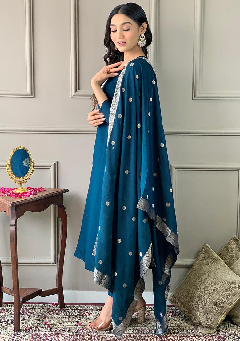 Blue Embroidered Chanderi Kurta Set