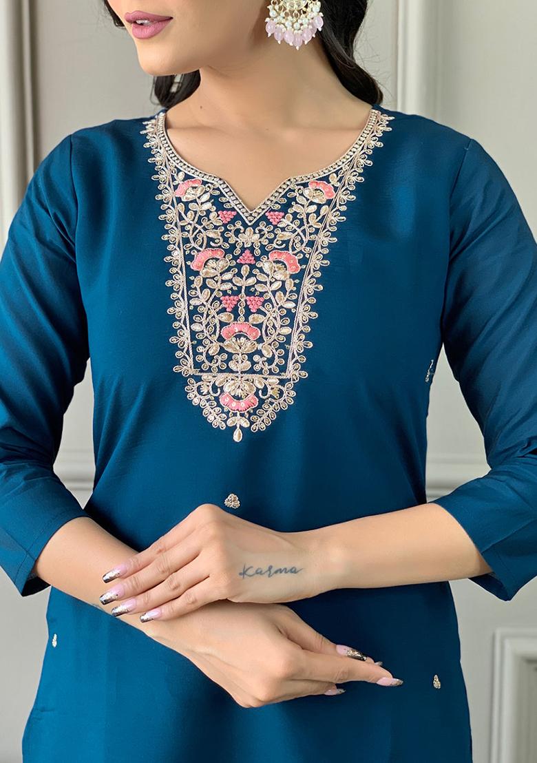 Blue Embroidered Chanderi Kurta Set